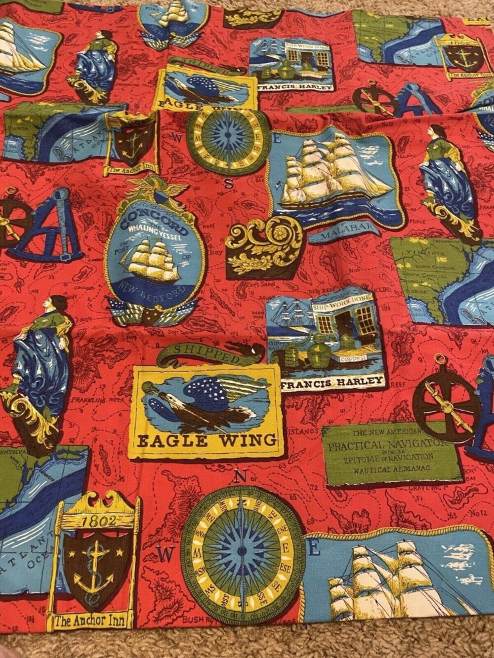 70s Kitsch Nautical Ship Navigation Map Fabric Red with backing 2 yards x 42"